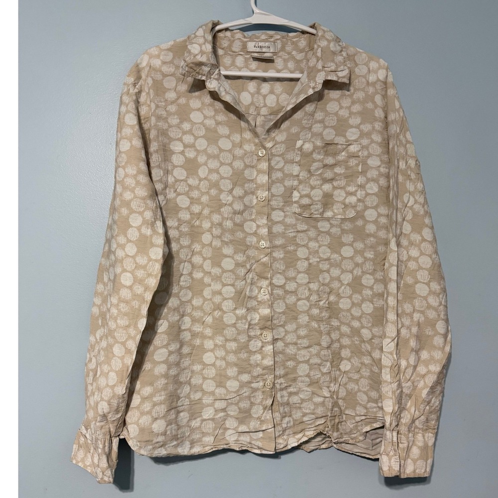 Van Heusen Women's XL Tan White Button Down Long Sleeve Shirt Rayon Blend 1006